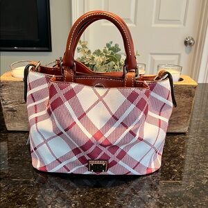 Dooney & Bourke Red and Brown Satchel with Structured Design